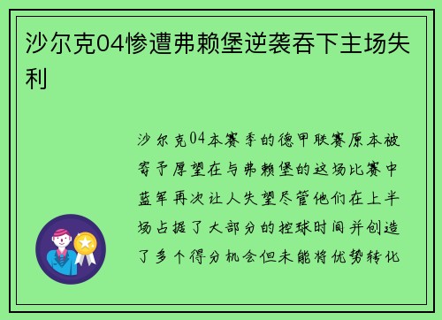 沙尔克04惨遭弗赖堡逆袭吞下主场失利