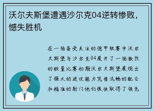 沃尔夫斯堡遭遇沙尔克04逆转惨败，憾失胜机