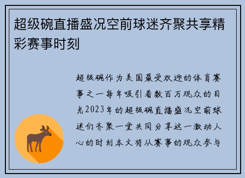 超级碗直播盛况空前球迷齐聚共享精彩赛事时刻